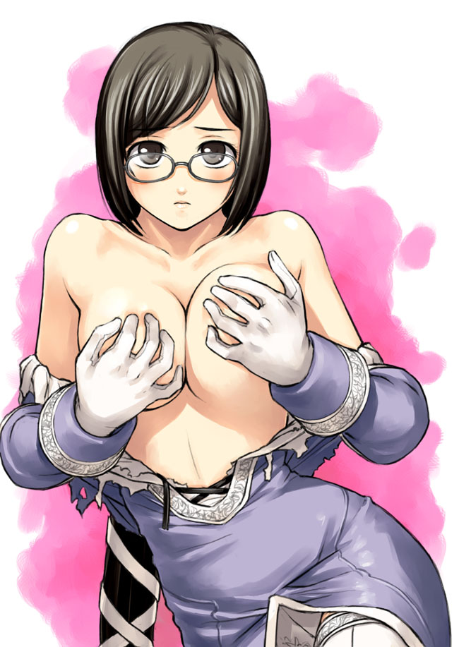 blue_dragon_ral_omega_grad breasts covering covering_breasts cowboy_shot glasses gloves large_breasts long_sleeves mio_(blue_dragon) solo tanaka_shoutarou thighhighs topless white_gloves