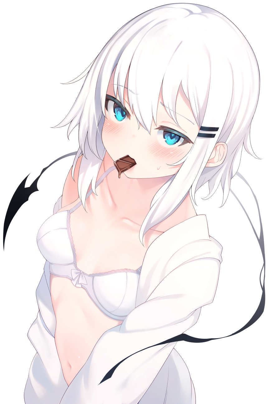 1girl blue_eyes blush bow bow_bra bra breasts candy chocolate chocolate_bar collarbone food food_in_mouth hair_between_eyes hair_ornament hairclip highres jacket looking_at_viewer navel original otokuyou ringo-chan_(otokuyou) short_hair simple_background small_breasts solo underwear white_background white_bra white_hair white_jacket
