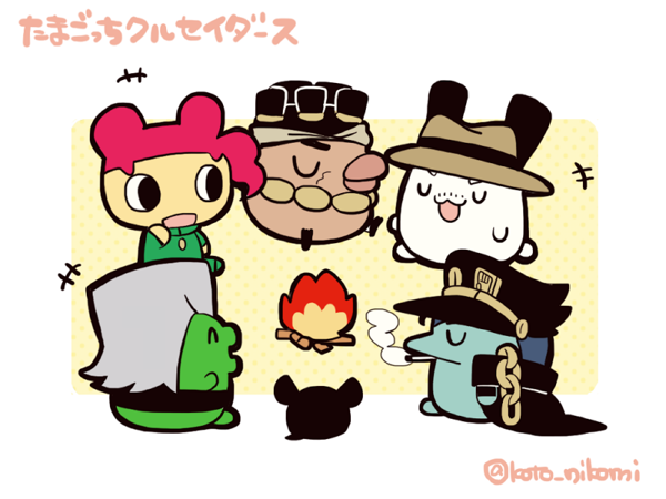 black_coat black_headwear brown_headwear campfire chain cigarette closed_eyes coat dreadlocks facial_hair grey_hair iggy_(jojo) jean_pierre_polnareff jojo_no_kimyou_na_bouken joseph_joestar joseph_joestar_(old) kakyoin_noriaki kotorai kujo_jotaro mohammed_avdol mouth_hold mustache_stubble no_humans open_mouth red_hair scar scar_on_face smoking stardust_crusaders stubble tamagotchi translation_request twitter_username u_u