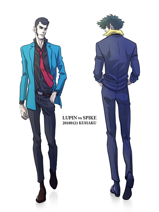 2boys arsene_lupin_iii artist_name belt black_belt black_hair black_pants black_shirt blue_pants brown_footwear character_name cowboy_bebop crossover dated full_body hand_hair hand_in_pocket long_sideburns long_sleeves lupin_iii male_focus multiple_boys necktie pants red_necktie shirt shoes sideburns simple_background sorashiro_(sky_x_space) spike_spiegel white_background yellow_shirt