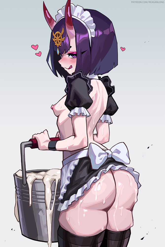 1girl alternate_costume apron ass bare_shoulders blush bob_cut breasts cum cum_bucket cum_in_container enmaided fate/grand_order fate_(series) frilled_apron frills horns looking_at_viewer maid maid_headdress oni purple_eyes purple_hair reagan_long short_hair shuten_douji_(fate) skin-covered_horns small_breasts smile solo waist_apron white_apron