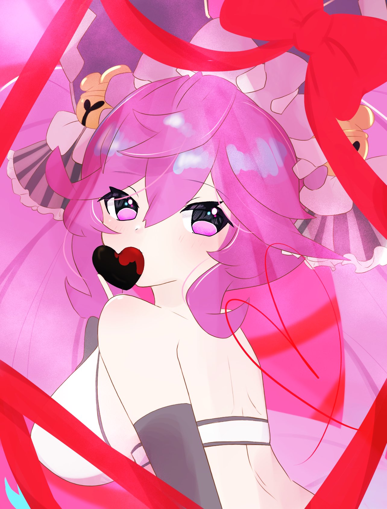 1girl back bare_shoulders bell bow breasts candy chocolate cleo_(dragalia_lost) covering_own_mouth crop_top dragalia_lost food hair_bell hair_between_eyes hair_ornament heart heart-shaped_chocolate highres large_breasts long_hair looking_at_viewer pink_eyes pink_hair red_bow solo upper_body very_long_hair yamaharu_(mitarasi0013)