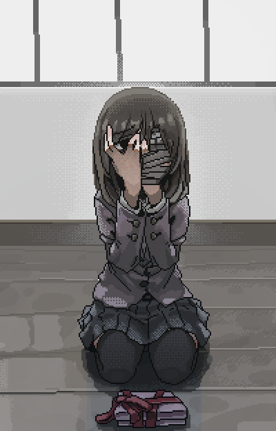 1girl bandaged_hand bandages black_eyes black_thighhighs blazer box brown_hair covering_face dithering full_body gift gift_box grey_jacket grey_skirt hamsterfragment hands_on_own_face hands_up indoors jacket jaggy_lines long_sleeves looking_at_viewer medium_hair original peeking_through_fingers pleated_skirt school_uniform seiza sitting skirt solo suicidal_girl_(hamsterfragment) thighhighs wooden_floor