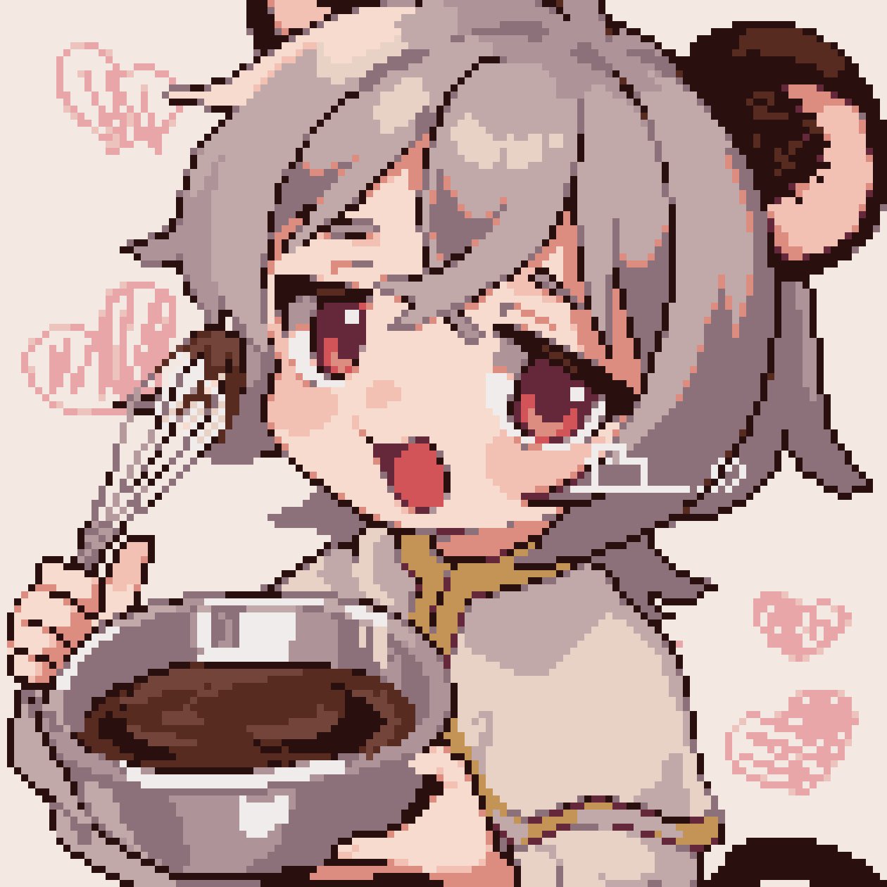 1girl ahiru_tokotoko animal_ears bowl capelet chocolate_making grey_hair heart highres holding holding_bowl holding_whisk looking_at_viewer mixing_bowl mouse_ears nazrin pixel_art red_eyes shirt short_hair smile solo touhou whisk white_background white_capelet white_shirt