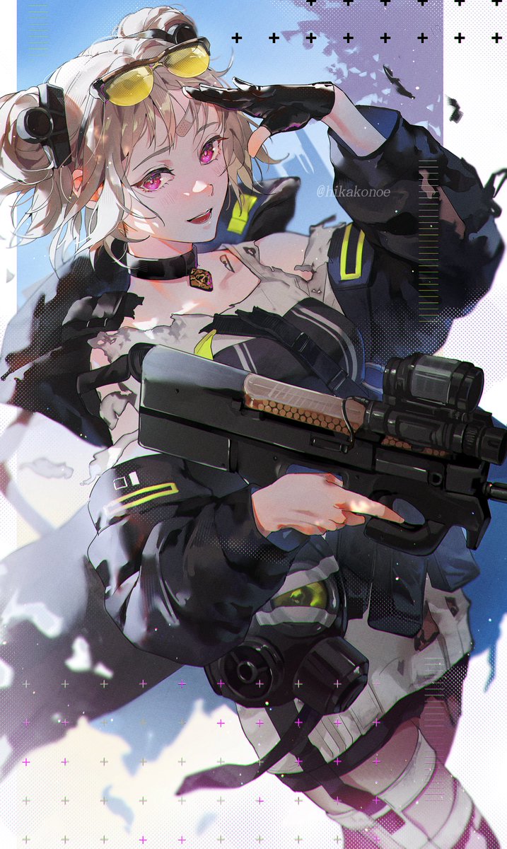 1girl black_gloves black_jacket bullpup choker cowboy_shot double_bun eyewear_on_head gas_mask girls'_frontline gloves gun hair_bun highres hikakonoe holding holding_gun holding_weapon jacket light_brown_hair looking_at_viewer mask open_mouth p90 p90_(girls'_frontline) partially_fingerless_gloves pink_eyes salute scope short_hair single_glove smile solo submachine_gun sunglasses torn_clothes trigger_discipline twitter_username weapon