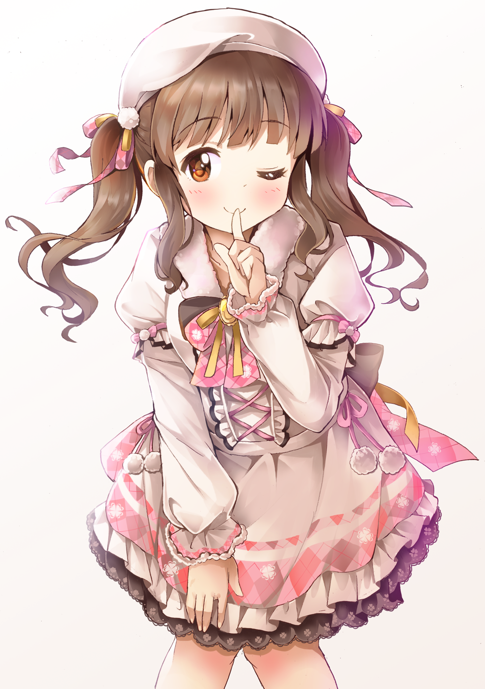 1girl back_bow blush bow brooch brown_eyes brown_hair center_cross_lace cross-laced_clothes cross-laced_dress dress dress_bow finger_to_mouth frilled_dress frills hair_ribbon hat highres idolmaster idolmaster_cinderella_girls idolmaster_cinderella_girls_starlight_stage jewelry juliet_sleeves long_sleeves michii_yuuki ogata_chieri one_eye_closed pink_bow pink_ribbon puffy_sleeves ribbon short_dress shushing sidelocks simple_background smile twintails wavy_hair white_background white_dress white_headwear yellow_brooch yellow_ribbon