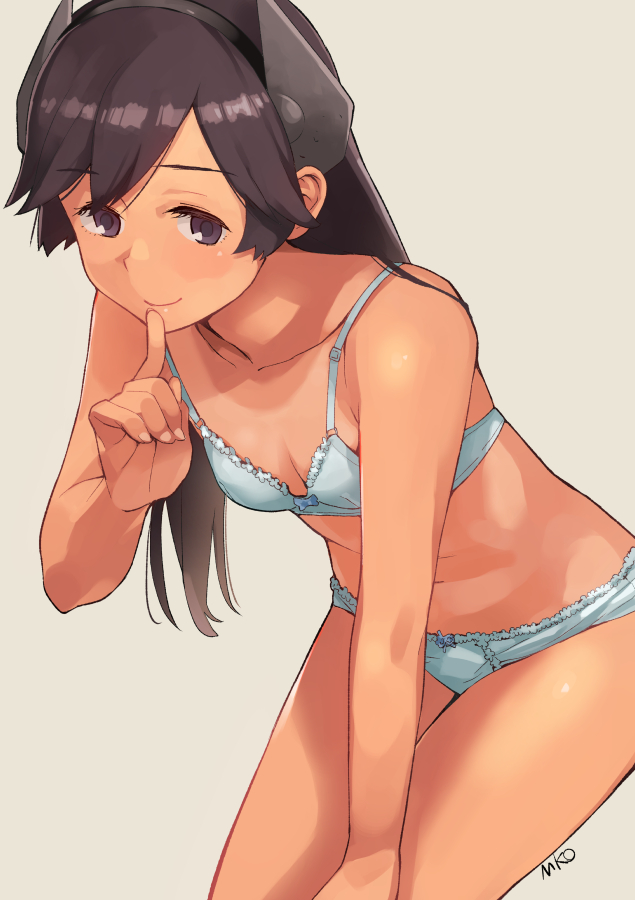 1girl bangs banned_artist black_eyes black_hair bra breasts eyebrows_visible_through_hair finger_to_mouth grey_background headgear i-400_(kantai_collection) index_finger_raised kantai_collection long_hair makio_(makiomeigenbot) panties signature simple_background small_breasts smile solo tan underwear white_bra white_panties