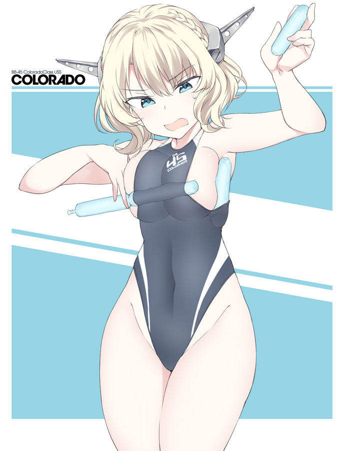 1girl alternate_costume black_swimsuit blonde_hair blue_eyes blush braid breasts character_name clothes_writing colorado_(kantai_collection) cowboy_shot eyebrows_visible_through_hair groin headgear holding kantai_collection large_breasts one-piece_swimsuit open_mouth short_hair sideboob solo souji swimsuit