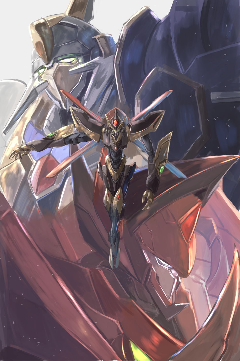 code_geass crossed_legs flying guren_nishiki highres lancelot_(code_geass) looking_to_the_side looking_up mecha mechanical_wings no_humans open_hand outstretched_arm shinkirou solo_focus uutan_(shibainu_kakumei) wings