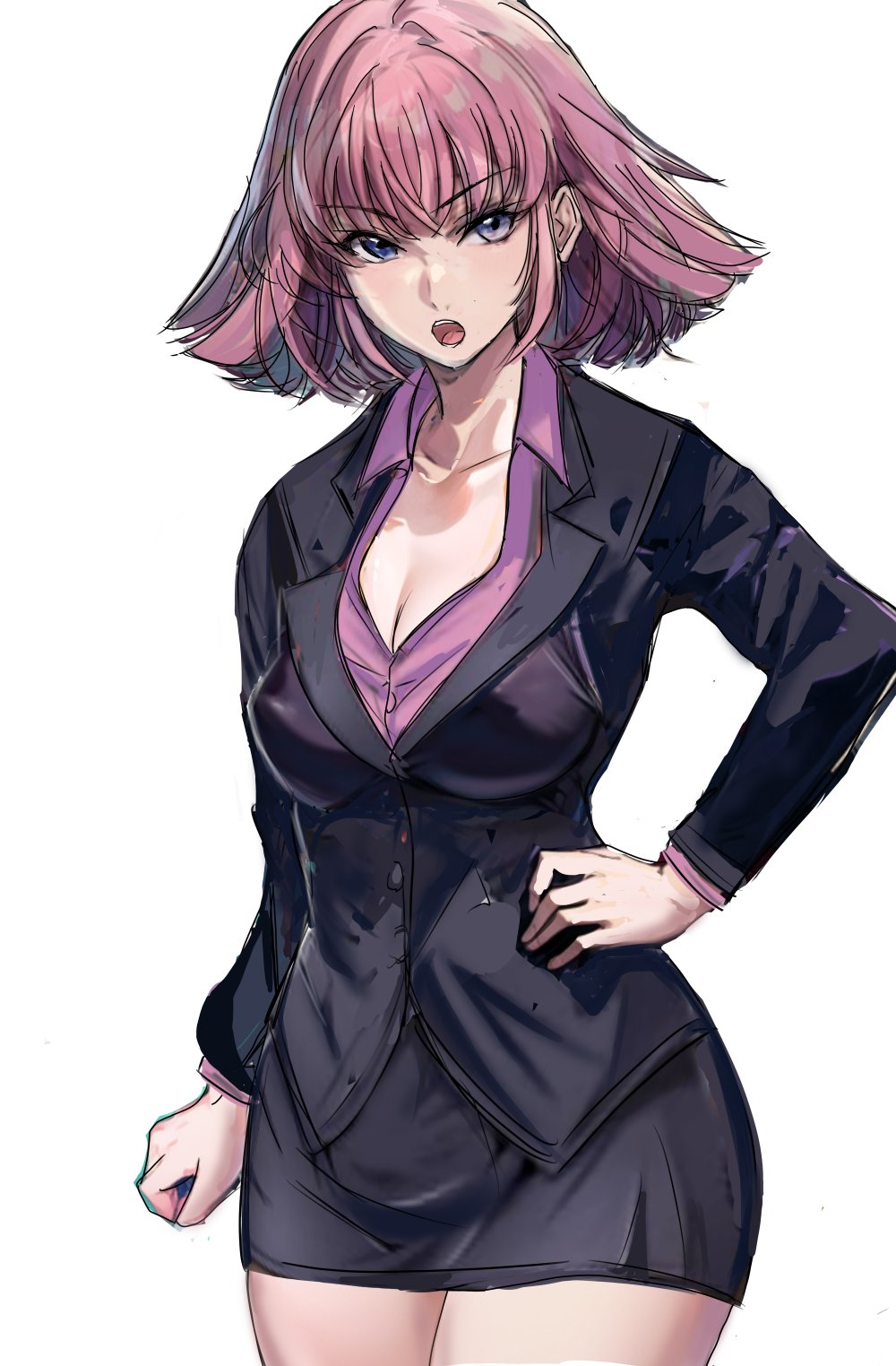 1girl arasa_ol_haman-sama blue_eyes breasts business_suit formal_clothes gundam haman_karn highres huo_ji_wu looking_at_viewer medium_breasts no_legwear office_lady open_mouth pencil_skirt pink_hair short_hair simple_background skirt skirt_suit smile solo suit zeta_gundam