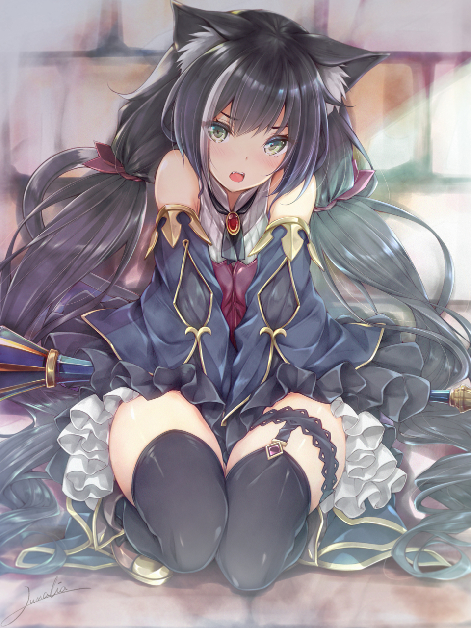 1girl animal_ear_fluff animal_ears black_hair black_legwear blush cat_ears commentary_request detached_sleeves green_eyes hair_ribbon highres karyl_(princess_connect!) leg_garter long_hair looking_at_viewer low_twintails luna_lia multicolored_hair open_mouth princess_connect! princess_connect!_re:dive red_ribbon ribbon signature solo staff streaked_hair thighhighs twintails white_hair