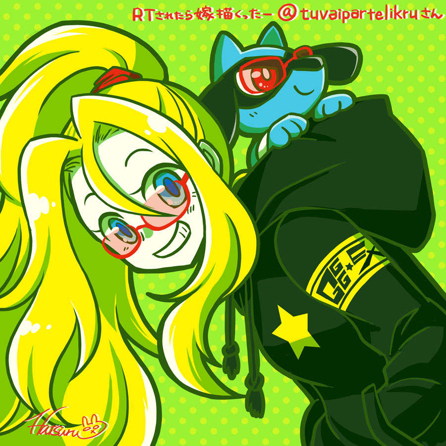 1girl 1other alternate_costume bespectacled black_hoodie blonde_hair blue_eyes breasts commentary_request gen_4_pokemon glasses green_background grin gym_leader hair_between_eyes hair_tie hands_in_pockets hatsuru_826 hood hood_down koruni_(pokemon) leaning_forward long_hair long_sleeves looking_at_viewer medium_breasts pokemon pokemon_(creature) pokemon_(game) pokemon_in_clothes pokemon_xy polka_dot polka_dot_background ponytail red_eyes riolu signature simple_background smile solo_focus star_(symbol) star_print translation_request upper_body very_long_hair