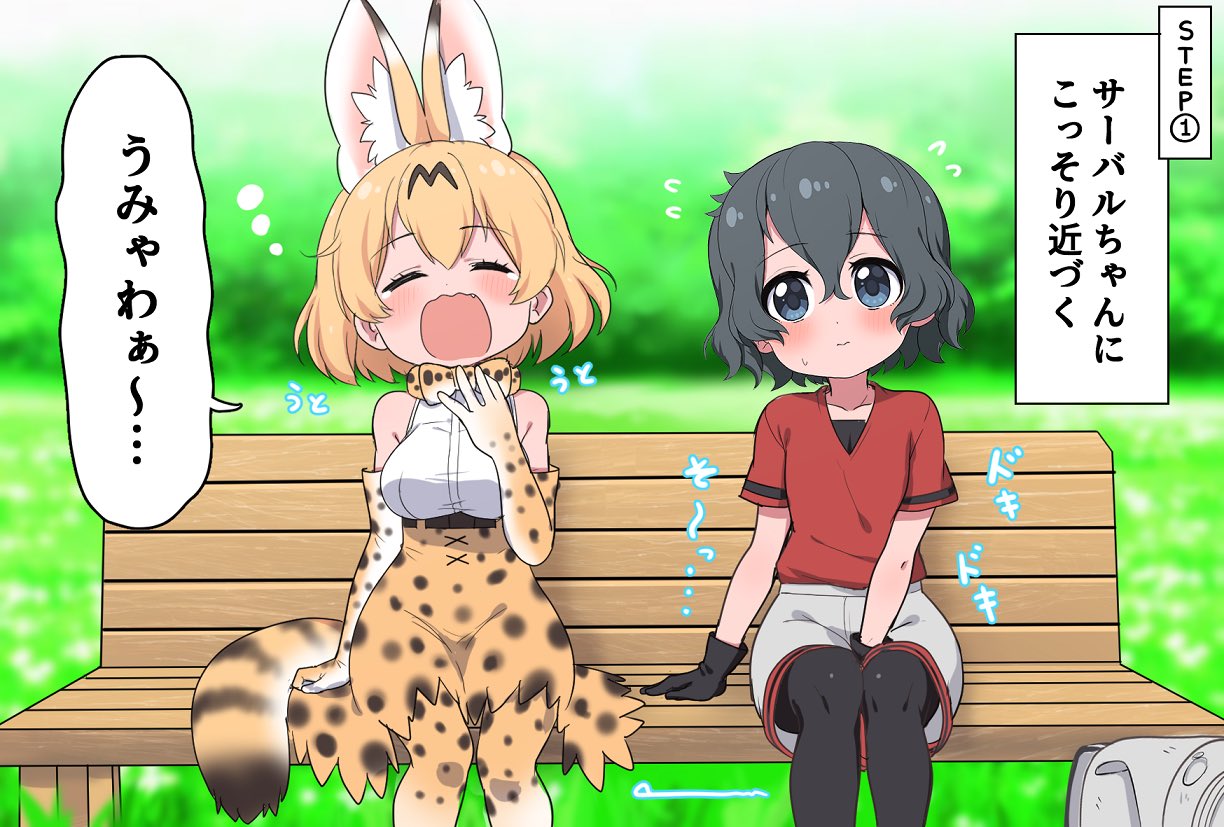 2girls animal_ears bare_shoulders bench black_hair black_legwear blonde_hair blue_eyes blush closed_eyes commentary_request elbow_gloves extra_ears eyebrows_visible_through_hair gloves grass hand_on_lap high-waist_skirt kaban_(kemono_friends) kemono_friends multiple_girls pantyhose print_gloves print_legwear print_skirt ransusan red_shirt serval_(kemono_friends) serval_ears serval_girl serval_print serval_tail shirt short_hair short_sleeves shorts sitting skirt sleeveless t-shirt tail thighhighs translation_request white_shirt yawning