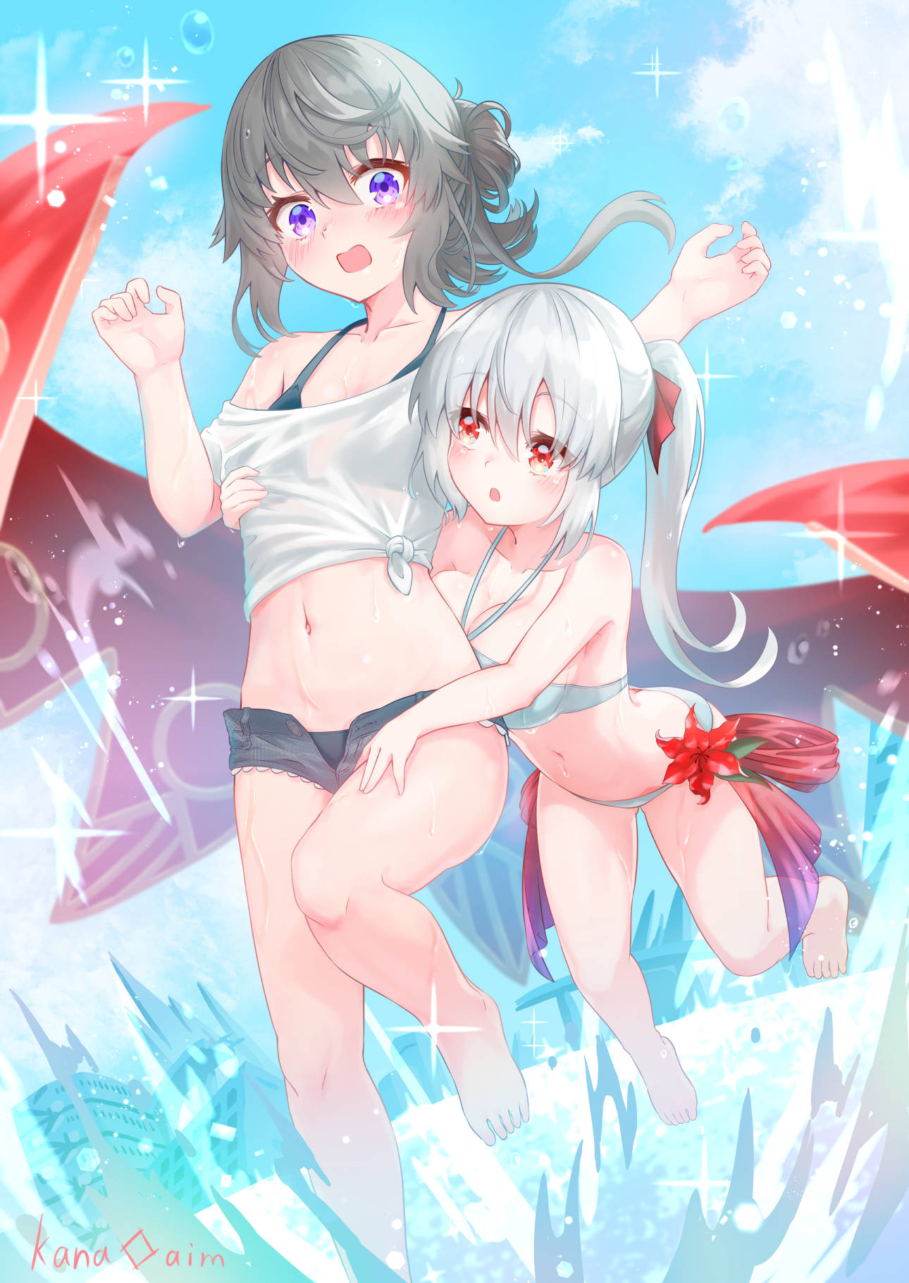 2girls :o artist_name bangs barefoot bikini bikini_under_clothes black_bikini blue_sky blush breast_press breasts building cleavage cloud collarbone commentary_request day denim denim_shorts eyebrows_visible_through_hair flat_chest flat_chest_grab floating flower full_body grabbing grey_hair groin hair_between_eyes hair_ribbon halterneck hand_on_another's_thigh highres kana_ami large_breasts lens_flare long_hair looking_at_another micro_shorts midriff multiple_girls navel off-shoulder_shirt off_shoulder open_fly open_mouth oppai_loli original outdoors ponytail purple_eyes red_eyes red_ribbon red_shawl ribbon see-through shawl shirt short_sleeves shorts sidelocks sky sparkle splashing swimsuit tied_hair tied_shirt typo water water_drop wet wet_clothes wet_shirt white_bikini white_hair yuri