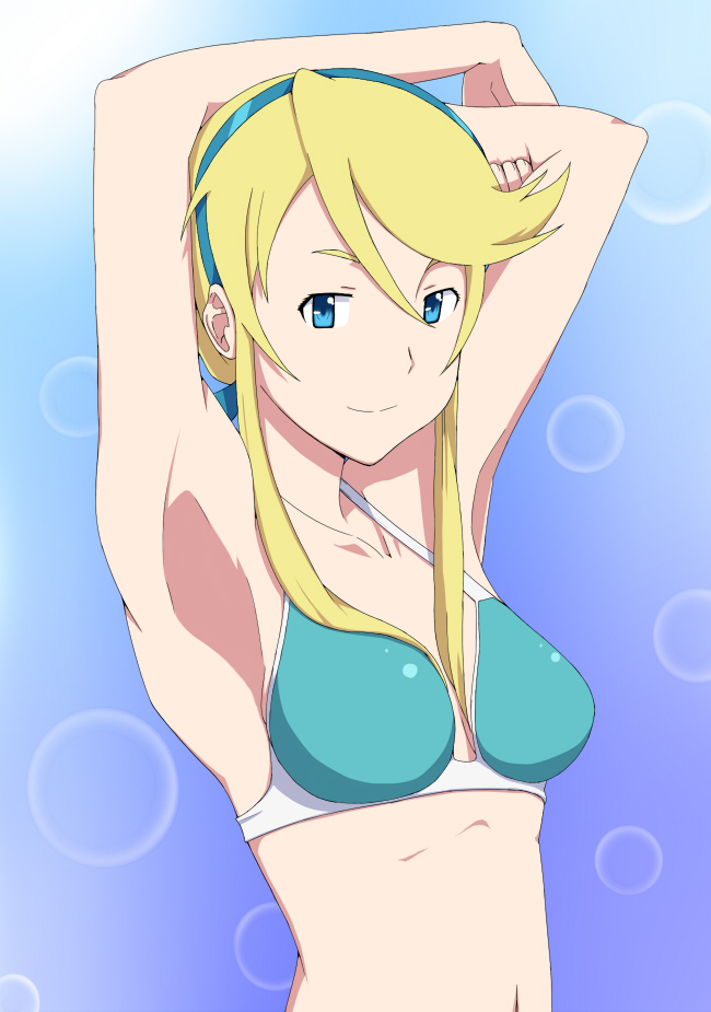 1girl blonde_hair blue_eyes breasts closed_mouth hairband heroman lina_davis long_hair looking_at_viewer ribonzu smile solo