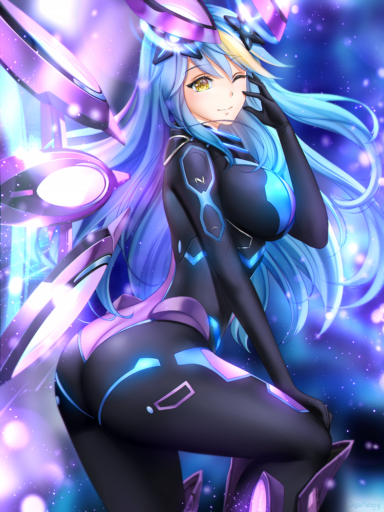 1girl ahoge ass blue_hair blush bodysuit breasts cosplay gigamessy large_breasts long_hair looking_at_viewer neptune_(series) next_purple next_purple_(cosplay) one_eye_closed original purple_heart shin_jigen_game_neptune_vii smile solo very_long_hair yellow_eyes