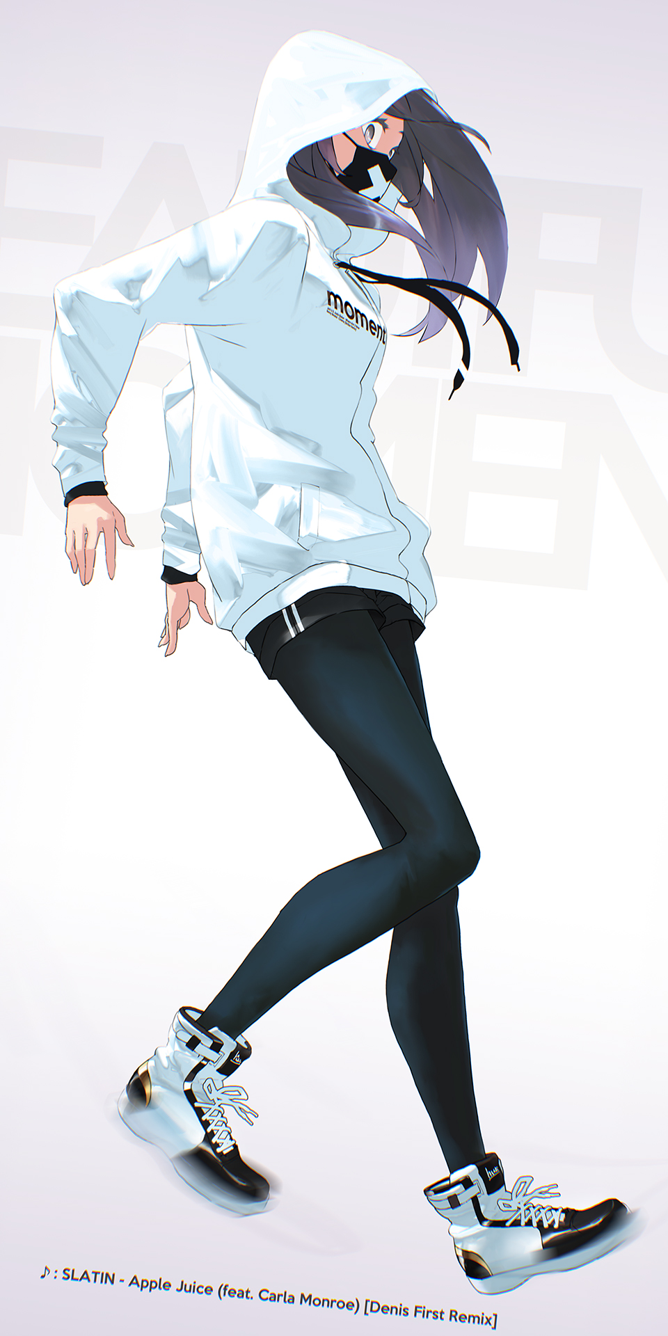 1girl black_hair black_legwear commentary_request dancing english_text highres hood hoodie long_hair long_sleeves mask mouth_mask original pantyhose shoes simple_background sneakers solo tsukuba_masahiro