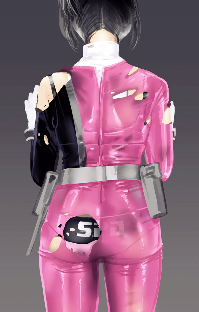 1girl artist_request ass bodysuit gloves highres kodou_koume panties s.p.d._uniform sentai short_hair simple_background solo standing super_sentai tokusatsu tokusou_sentai_dekaranger torn_clothes underwear