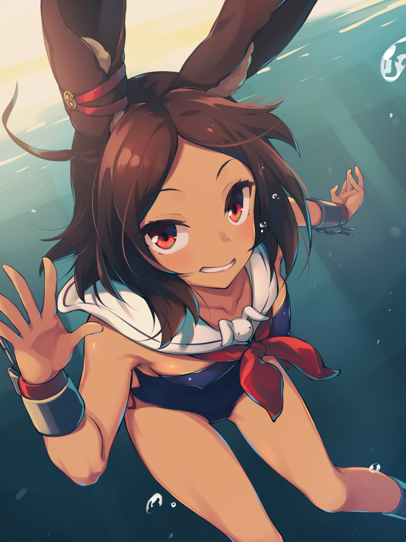 1girl air_bubble animal_ears azur_lane bangs bare_shoulders blue_swimsuit blush breasts brown_eyes brown_hair bubble bunny_ears collarbone commentary_request covered_nipples cowboy_shot dark_skin detached_collar ear_ribbon eyebrows_visible_through_hair grin i-26_(azur_lane) light_rays looking_at_viewer neckerchief nontraditional_school_swimsuit one-piece_swimsuit open_hands parted_bangs red_neckwear ribbon ribbon-trimmed_swimsuit ribbon_trim sailor_collar school_swimsuit short_hair side-tie_swimsuit sidelocks small_breasts smile solo strapless strapless_swimsuit sunbeam sunlight swimsuit underwater white_sailor_collar wristband youhei_64d