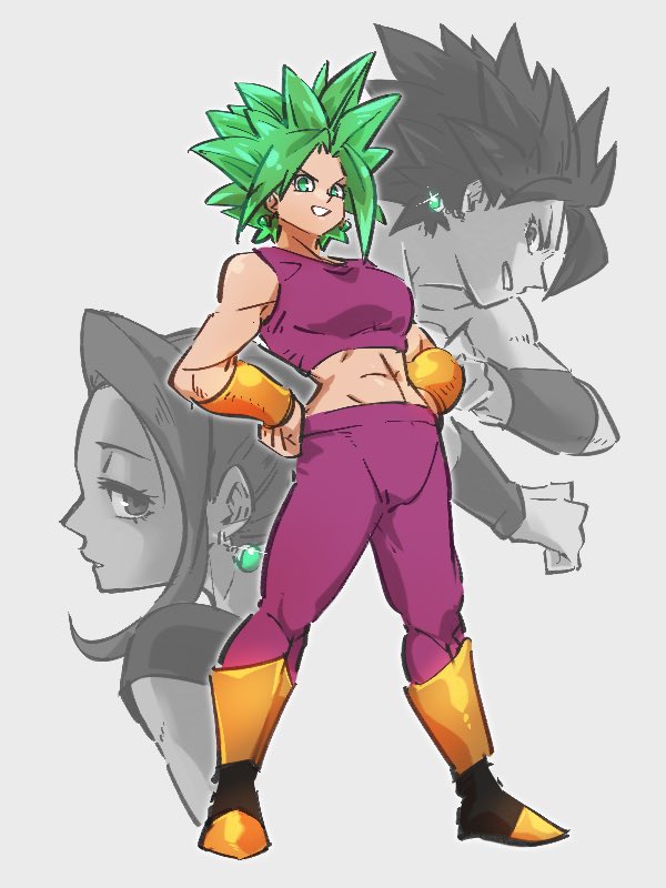 3girls abs arms_up back-to-back bangs bare_shoulders black_eyes black_hair boots bracelet breasts caulifla clenched_hands collarbone crop_top crossed_arms crotch_seam dirty dragon_ball dragon_ball_super dual_persona earrings expressionless from_side frown full_body glitter green_eyes green_hair grey_background greyscale grin half-closed_eyes hands_on_hips jewelry kale_(dragon_ball) kefla_(dragon_ball) kemachiku knee_boots legs_apart looking_at_viewer looking_to_the_side medium_breasts midriff monochrome multiple_girls muscle muscular_female pants parted_bangs parted_lips partially_colored potara_earrings profile scratches shaded_face shiny shiny_hair shiny_skin short_hair simple_background smile spiked_hair standing super_saiyan teeth upper_body v-shaped_eyebrows very_short_hair wristband