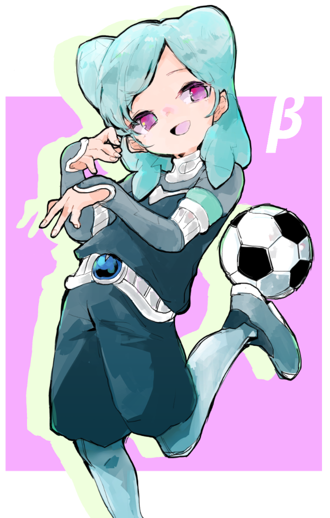 1girl :d ball beta_(inazuma_eleven) blue_hair fingernails inazuma_eleven_(series) inazuma_eleven_go inazuma_eleven_go_chrono_stone jamir leg_up light_blue_hair medium_hair no_pupils open_mouth pink_eyes protocol_omega smile soccer_ball solo