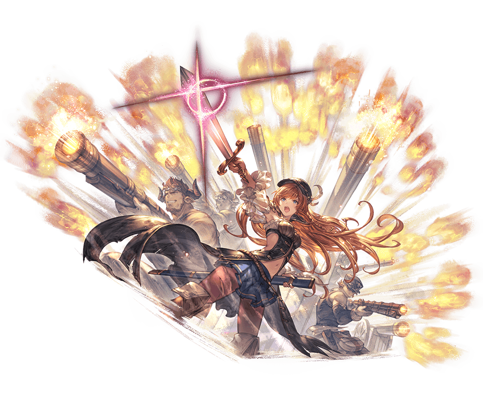 1girl 3boys backless_outfit blue_eyes boots breasts cape collar crowd firing granblue_fantasy gun hat knee_boots kneehighs lecia_(granblue_fantasy) minaba_hideo miniskirt multiple_boys navel navel_cutout official_art open_mouth orange_hair pointing_sword puffy_sleeves see-through_sleeves skirt small_breasts sword weapon