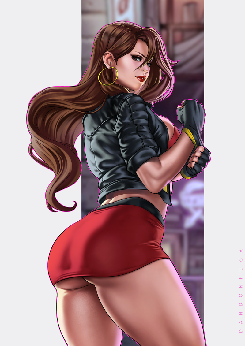 ass blaze_fielding breasts dandon_fuga earrings gloves golden_earrins jewelry large_breasts legs lipstick long_hair makeup miniskirt multiple_girls pinup red_skirt skirt streets_of_rage_4