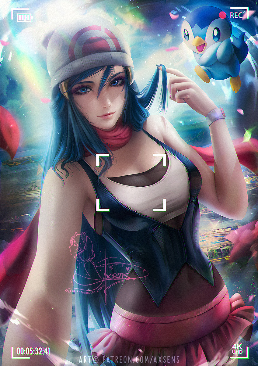 1girl alexandra_mae banned_artist blue_eyes blue_hair breasts cleavage closed_mouth covered_navel cowboy_shot gen_4_pokemon hair_between_eyes hair_twirling hat highres hikari_(pokemon) long_hair looking_at_viewer medium_breasts miniskirt pink_scarf piplup pokemon pokemon_(creature) pokemon_(game) pokemon_dppt print_headwear purple_skirt scarf self_shot skirt sleeveless smile solo standing starter_pokemon very_long_hair white_headwear