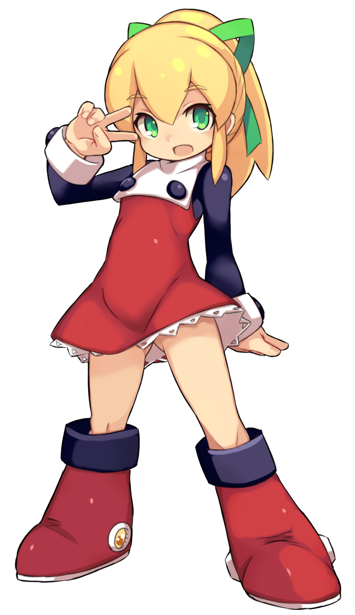 1girl arm_up blonde_hair boots dress full_body green_eyes highres karukan_(monjya) knee_boots long_hair open_mouth ponytail red_dress red_footwear rockman roll short_dress simple_background smile solo thighs v white_background