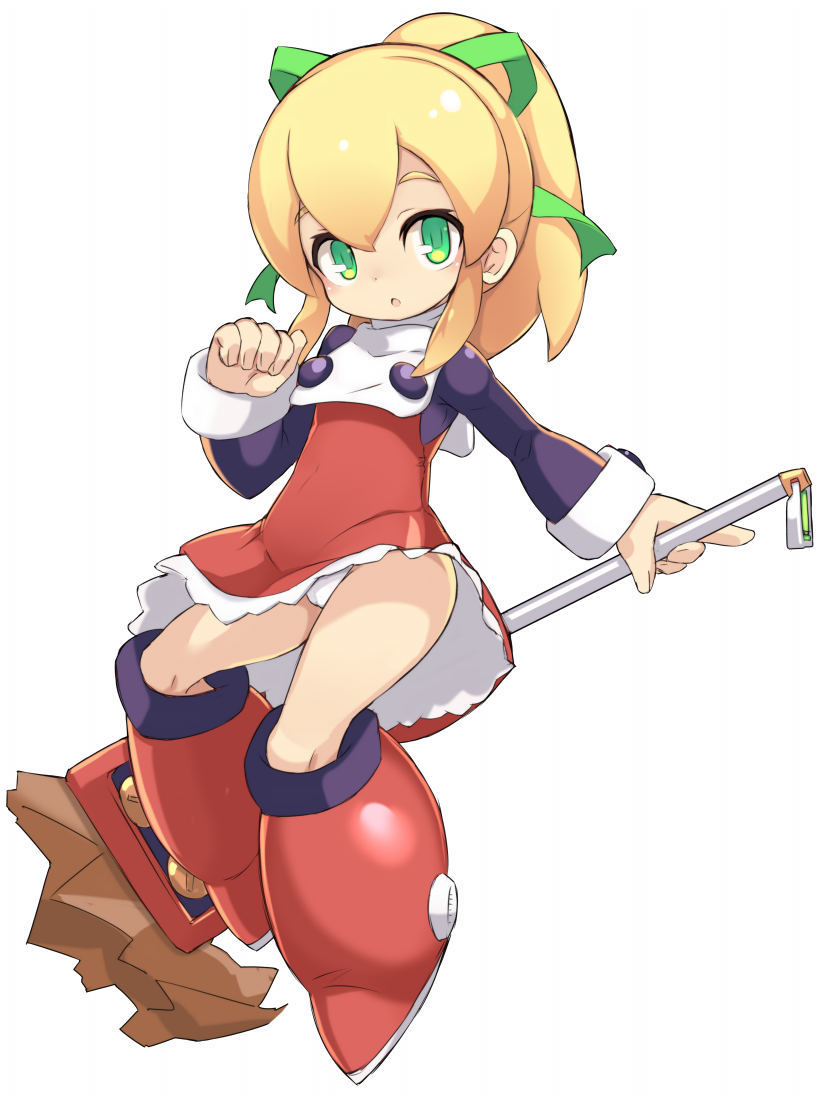 1girl blonde_hair boots dress full_body green_eyes karukan_(monjya) knee_boots long_hair mop open_mouth panties ponytail red_eyes red_footwear ribbon rockman roll short_dress simple_background solo thighs underwear white_background white_panties wind wind_lift