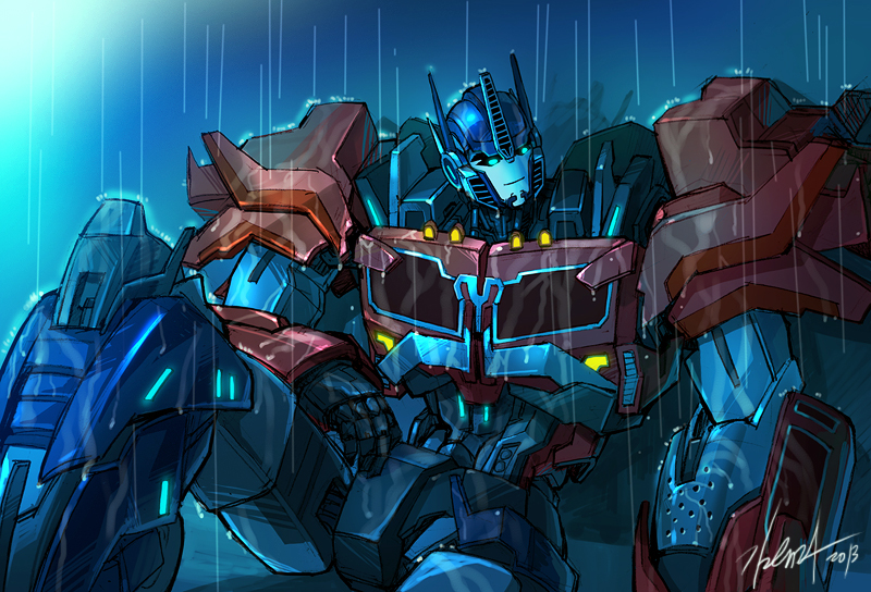 autobot blue_eyes hand_on_own_thigh joints kim_yura_(goddess_mechanic) looking_to_the_side mecha no_humans optimus_prime rain robot_joints sitting solo transformers transformers_prime