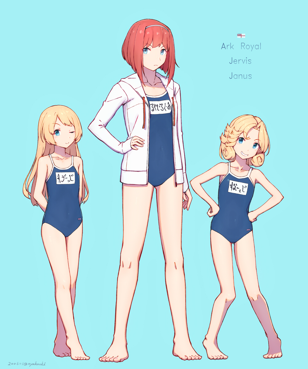 3girls ark_royal_(kantai_collection) bangs blonde_hair blue_eyes blue_swimsuit blunt_bangs bob_cut character_name collarbone commentary_request competition_school_swimsuit flag flat_chest grin hairband hand_on_hip hands_on_hips highres hood hooded_jacket hoodie jacket janus_(kantai_collection) jervis_(kantai_collection) kantai_collection long_hair looking_at_viewer multiple_girls nakaaki_masashi name_tag red_hair school_swimsuit short_hair smile standing swimsuit white_jacket