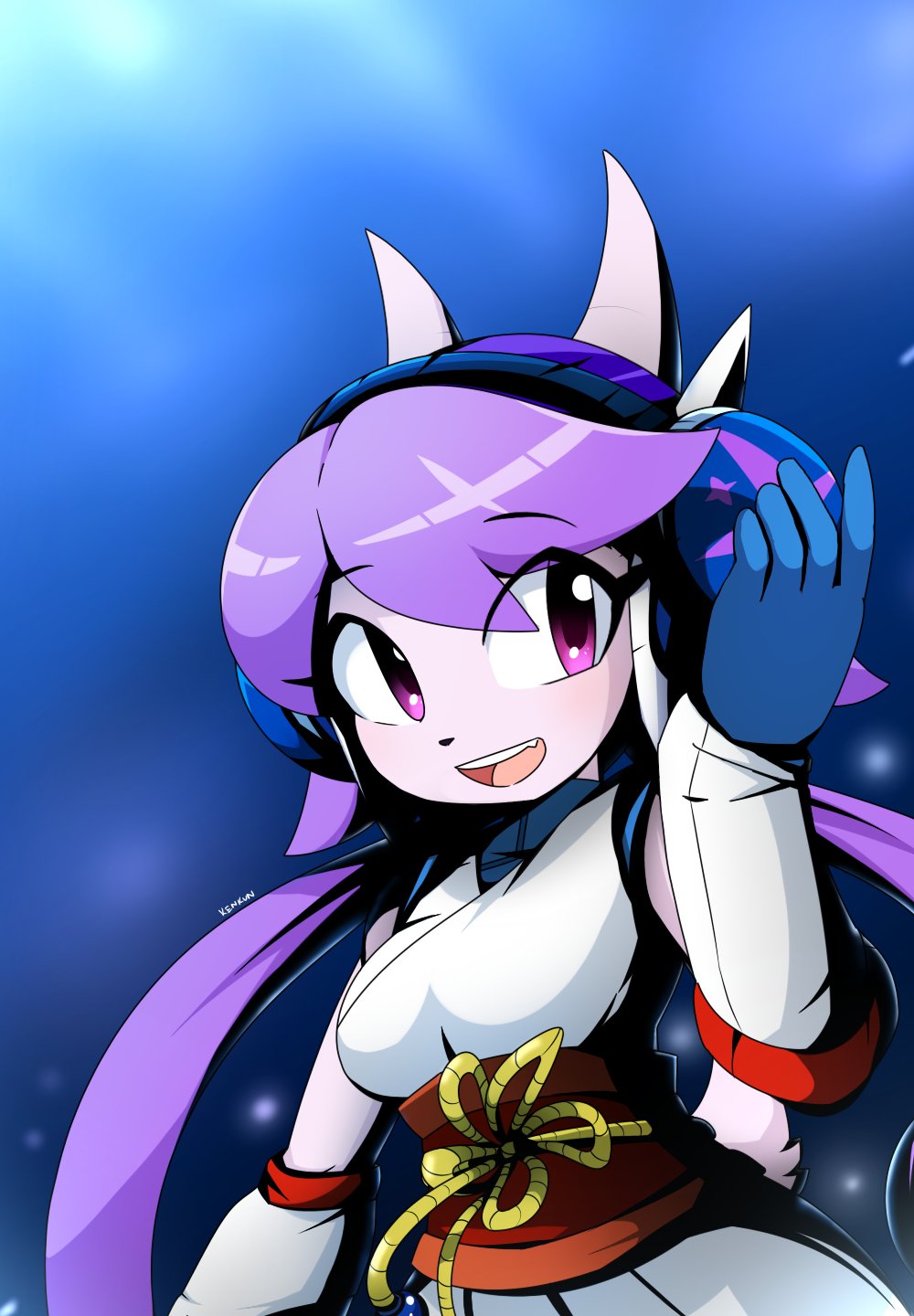 2020 anthro clothed clothing dragon female freedom_planet freedom_planet_2 gloves hair handwear headphones hi_res horn kenjikanzaki05 purple_eyes purple_hair sash_lilac signature solo video_games