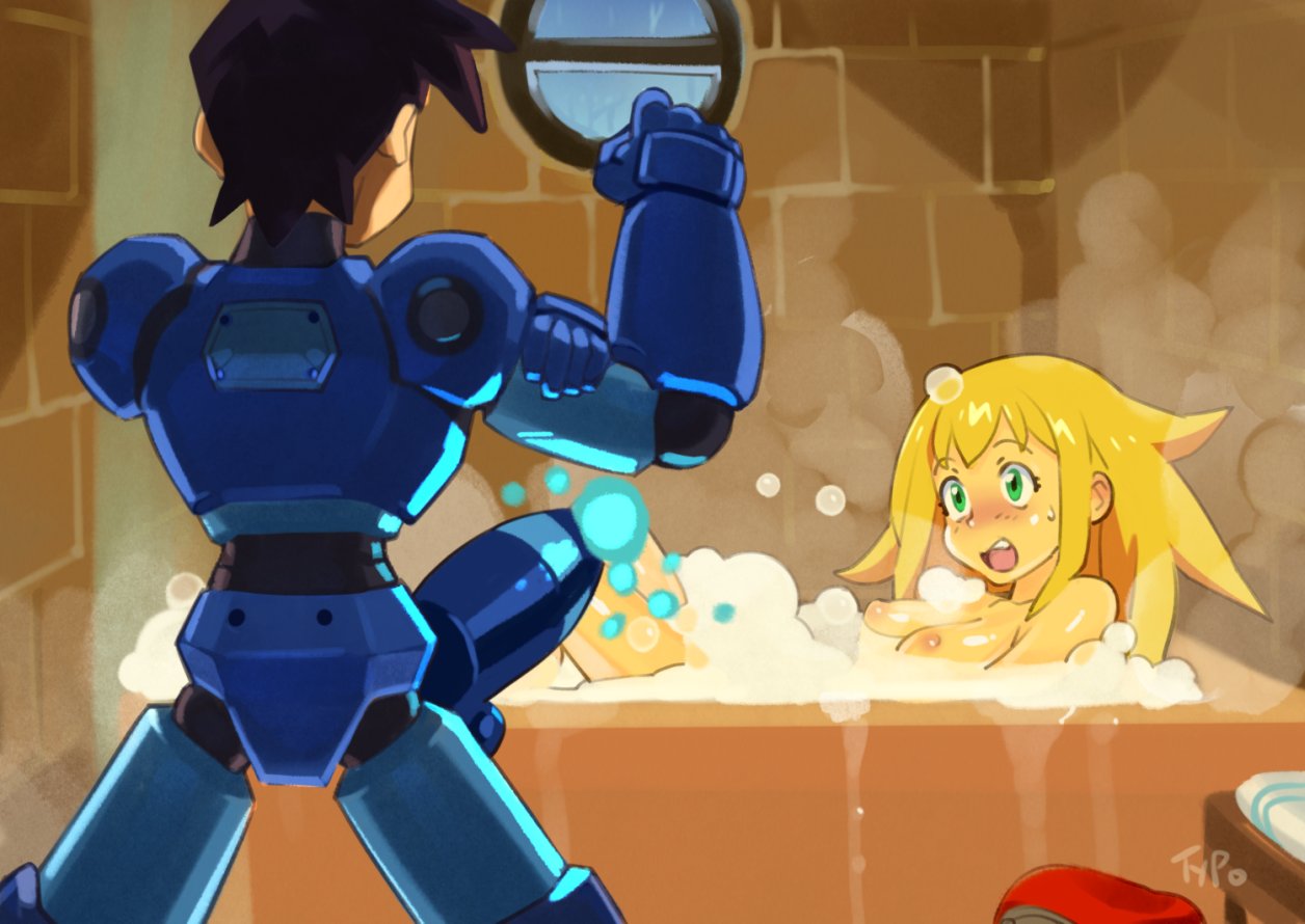 1boy 1girl android bath bathroom bathtub blush brown_hair bubble_bath cannon clenched_hand green_eyes implied_erection joints looking_at_another nipples nude optionaltypo phallic_symbol powering_up reclining robot_joints rock_volnutt rockman rockman_dash rockman_dash_3 roll_caskett walk-in