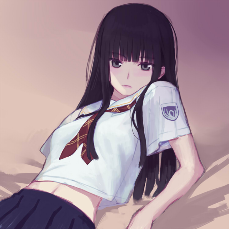 1girl bangs black_eyes black_hair blue_skirt blunt_bangs closed_mouth collared_shirt frown futami_eriko hime_cut indoors kibina_high_school_uniform kimi_kiss long_hair looking_at_viewer midriff navel neckerchief pleated_skirt red_neckwear sailor_collar sailor_shirt sakamoto_mineji school_uniform serafuku shiny shiny_hair shirt short_sleeves skirt solo stomach white_sailor_collar white_shirt