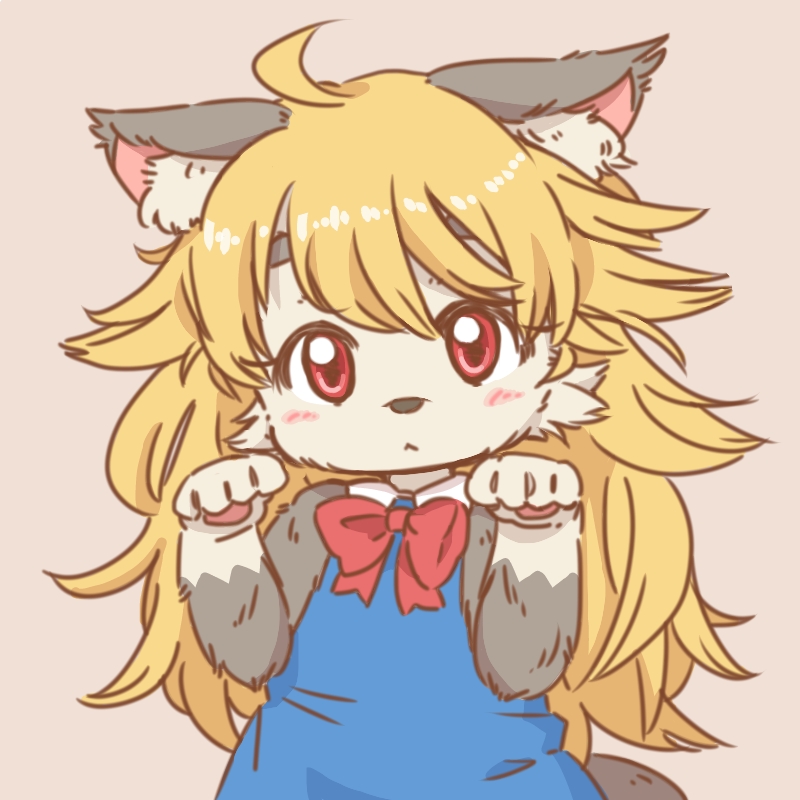 1girl ahoge akuma_gaoru animal_ear_fluff animal_ears animal_nose beige_fur black_fur blonde_hair blue_dress blush bow commentary_request dress furry futaba_channel long_hair looking_at_viewer paw_pose pawpads red_bow red_eyes solo tail two-tone_fur upper_body uzumi