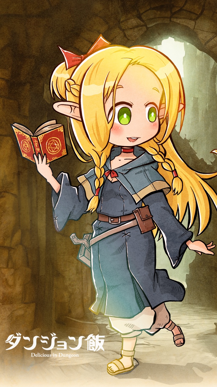 1girl blonde_hair blue_capelet blue_robe book bow braid capelet cave copyright_name dungeon_meshi elf gotthi green_eyes grimoire hair_around_ear hair_bow highres holding holding_book hood hooded_capelet marcille_donato multiple_braids pointy_ears red_bow robe single_tooth solo
