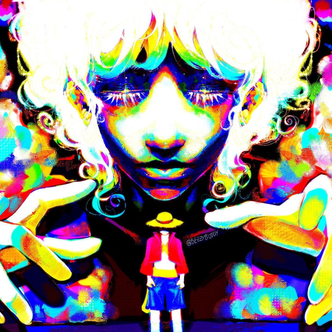 2boys abstract abstract_background artist_name bezzybuddy black_hair blue_shorts closed_eyes closed_mouth colorful curly_hair dual_persona eyelashes giant giant_male hat jacket lips long_sleeves monkey_d._luffy multiple_boys one_piece open_clothes red_jacket short_hair shorts size_difference standing straw_hat surreal watermark white_hair