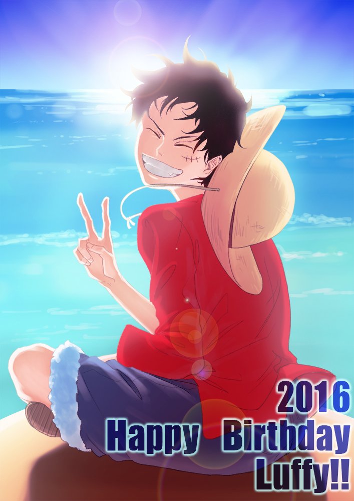 1boy 2016 ^_^ black_hair blue_shorts character_name closed_eyes commentary_request d_doyou dated happy_birthday hat korean_commentary looking_back male_focus monkey_d._luffy ocean one_piece red_shirt sandals scar scar_on_face shirt short_hair shorts sitting sky smile solo straw_hat sun v