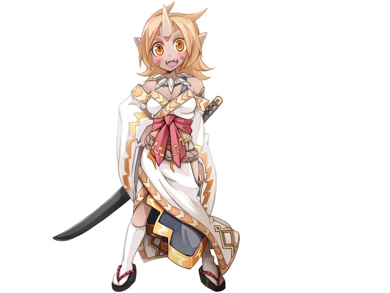 1girl aged_up alternate_eye_color alternate_form blonde_hair blue_tunic blush bmp-to-png_conversion breasts dark-skinned_female dark_skin facial_mark fangs female_goblin frfr full_body game_cg gob_(mon-musu_quest!) goblin hand_on_own_hip horns japanese_clothes jewelry katana kimono looking_at_viewer medium_breasts medium_hair mon-musu_quest! necklace non-web_source open_mouth pointy_ears red_sash sandals sash sheath sheathed simple_background single_horn socks solo spoilers standing sword sword_on_back tabi tooth_necklace transparent_background v-shaped_eyebrows weapon weapon_on_back white_kimono white_socks wide_sleeves yellow_eyes zouri