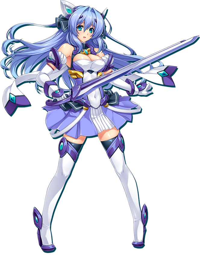 1girl aqua_eyes armlet bare_shoulders blue_dress blue_footwear blue_gemstone blue_hair blue_skirt breasts cleavage cleavage_cutout clothing_cutout dress elbow_gloves exs-tia gem gloves hair_intakes headgear holding holding_sword holding_weapon katsuragi_marina kouyoku_senki_exs-tia large_breasts legs_apart long_hair lusterise magical_girl open_mouth pleated_skirt simple_background skirt smile solo standing straight_hair sword tachi-e thighhighs third-party_source transparent_background weapon white_gloves white_thighhighs zettai_ryouiki