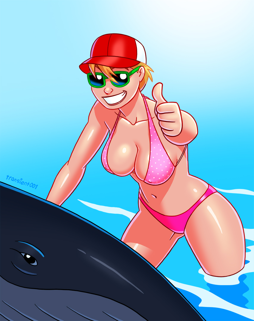 ambiguous_gender big_breasts big_butt bikini breasts butt cetacean clothing dc_comics duo eyewear female feral gesture hand_gesture hat headgear headwear human looking_at_viewer mammal marine navel orca_(dc) partially_submerged pink_bikini pink_clothing pink_swimwear sea smile smiling_at_viewer sunglasses swimwear thick_thighs thumbs_up transient001 water wide_hips