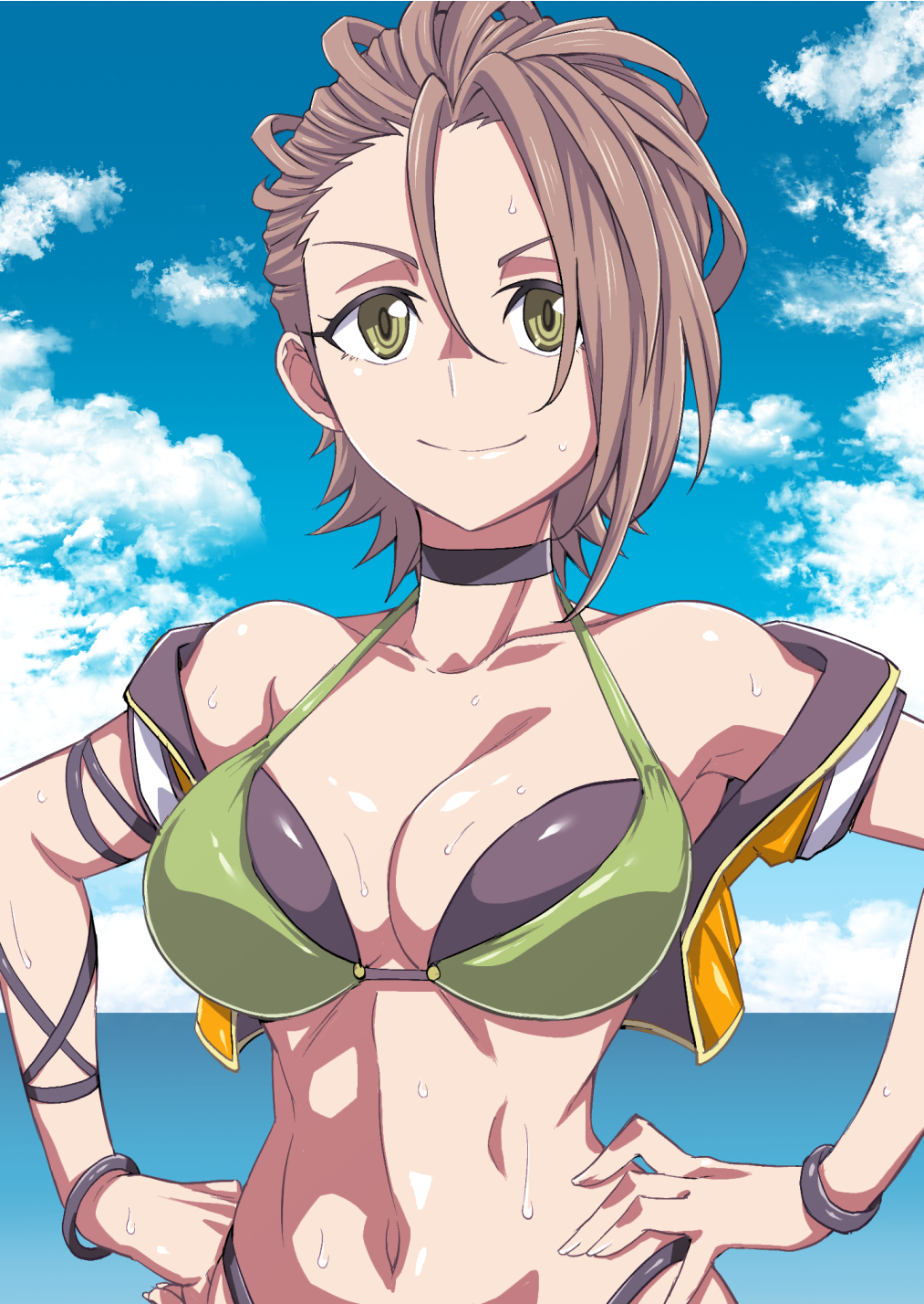 1girl arm_strap bare_shoulders bikini black_choker blue_sky bracelet breasts brown_hair choker cleavage closed_mouth cloud collarbone cropped_jacket day green_bikini green_eyes hair_between_eyes hands_on_own_hips highres horizon idolmaster idolmaster_cinderella_girls idolmaster_cinderella_girls_starlight_stage jacket jewelry kimura_natsuki looking_at_viewer medium_breasts natsumi_chorisuke navel ocean open_clothes open_jacket outdoors short_hair short_sleeves sky smile solo swimsuit upper_body wet yellow_jacket