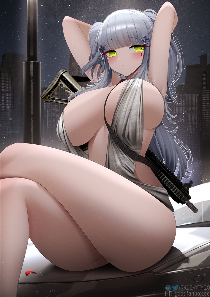 1girl armpits azur_lane backless_dress backless_outfit bare_shoulders blush breasts car cleavage closed_mouth cosplay crossed_legs dress earrings evening_gown feet_out_of_frame gdat girls'_frontline grey_hair gun hair_ornament halter_dress halterneck hk416_(girls'_frontline) jewelry large_breasts long_hair looking_at_viewer mclaren mclaren_p1 motor_vehicle necklace official_alternate_costume plunging_neckline revealing_clothes side_ponytail sidelocks silver_dress sitting_on_car skirt solo sports_car st._louis_(azur_lane) st._louis_(azur_lane)_(cosplay) st._louis_(luxurious_wheels)_(azur_lane) thighs very_long_hair weapon