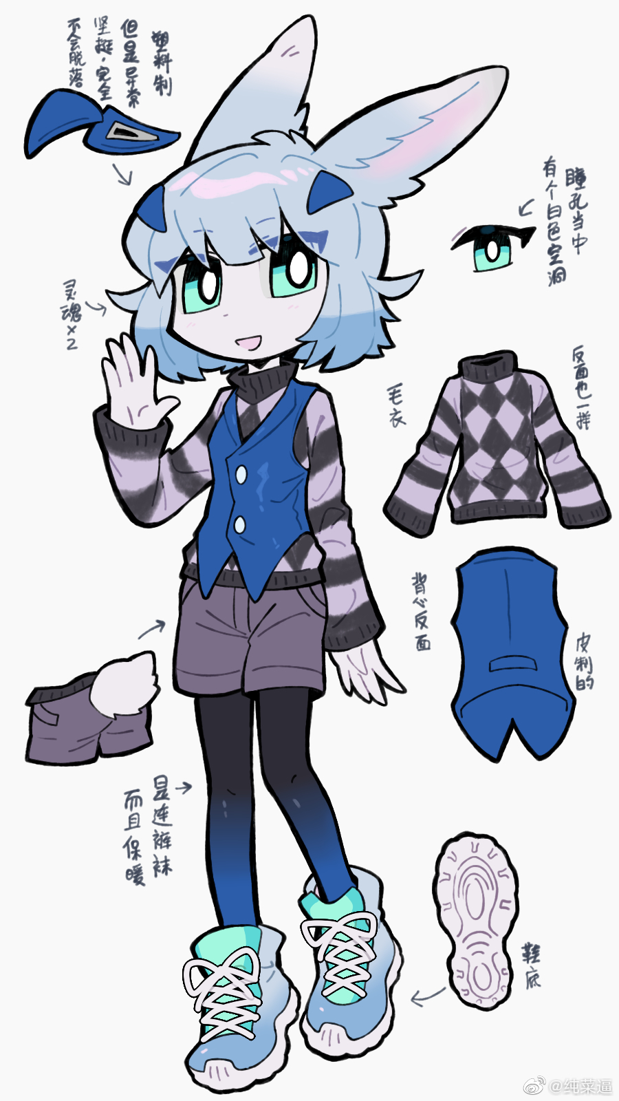 2023 :d anthro blue_hair bottomwear clothing female footwear full-length_portrait hair hi_res kemono lagomorph leporid mammal model_sheet portrait rabbit shirt shoes shorts simple_background smile solo standing teal_eyes text topwear translated vest white_background zhang_gun