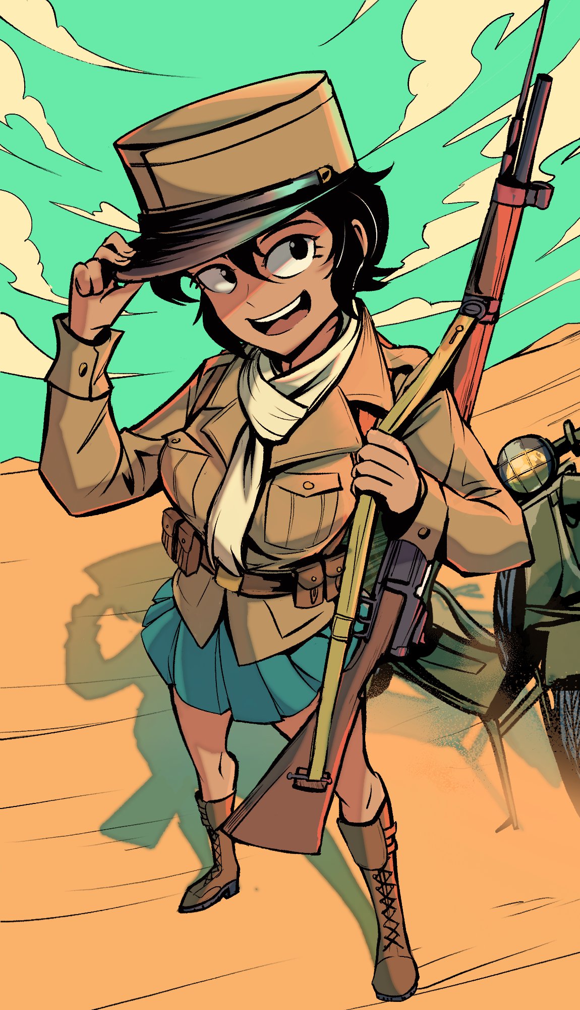 black_hair blue_skirt boots brown_jacket copyright_request cross-laced_footwear dark-skinned_female dark_skin desert french_army full_body gun gun_on_back hat hat_tip head_tilt highres jacket lace-up_boots military_hat military_uniform motor_vehicle motorcycle nico_jiang open_mouth rifle scarf shadow skirt standing uniform weapon weapon_on_back