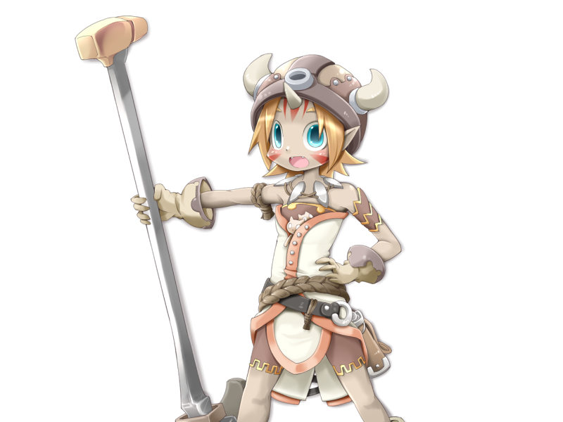 1girl :d armband bare_shoulders belt black_belt blonde_hair blue_eyes bmp-to-png_conversion brown_armband brown_bag brown_headwear brown_shorts facial_mark fake_horns fangs feet_out_of_frame female_goblin frfr game_cg gloves gob_(mon-musu_quest!) goblin hammer hand_on_own_hip helmet holding holding_hammer horned_helmet horns jewelry light_blush looking_at_viewer mon-musu_quest! necklace non-web_source open_mouth pale_skin pointy_ears shorts simple_background single_horn smile solo standing tooth_necklace transparent_background war_hammer weapon white_gloves white_tunic