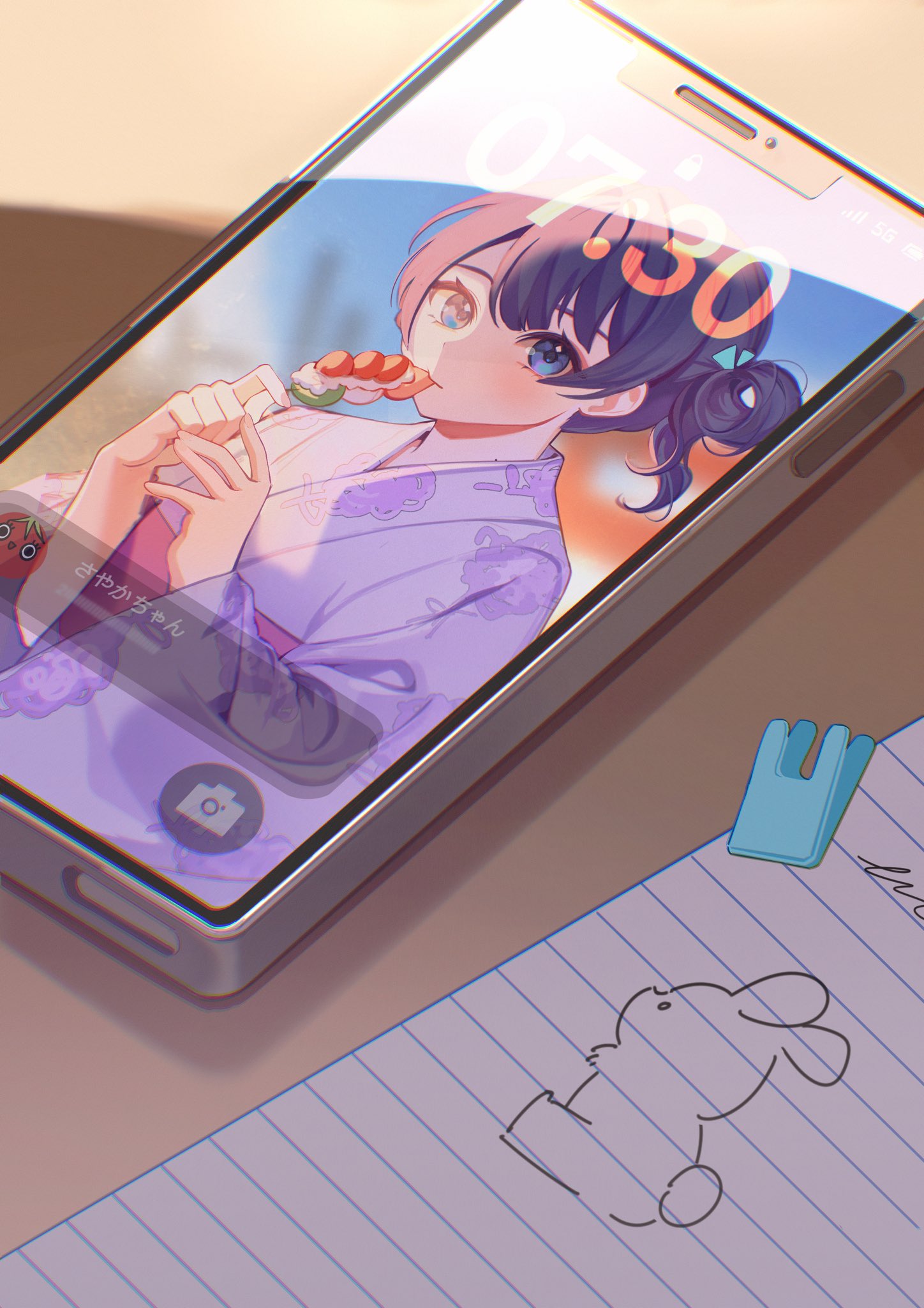 1girl blue_eyes blue_hair cellphone cellphone_photo chromatic_aberration close-up dango dark_blue_hair dkou drawing_(object) eating food hair_ornament highres holding holding_food japanese_clothes kimono link!_like!_love_live! long_sleeves looking_at_viewer love_live! mole mole_on_neck murano_sayaka notebook phone pink_sash purple_kimono rabbit_hair_ornament sanshoku_dango sash short_hair smartphone unworn_hair_ornament wagashi