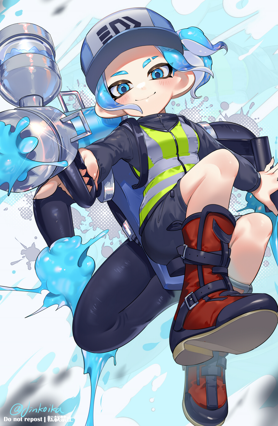 1girl baseball_cap black_shirt black_shorts blue_eyes blue_hair blue_pupils blush boots closed_mouth english_commentary eyebrow_cut firing firing_at_viewer hat high-visibility_vest highres holding holding_weapon inkjet_(splatoon) jetpack jinkobanana octoling octoling_girl octoling_player_character ponytail red_footwear shirt shorts smile solo splatoon_(series) tentacle_hair twitter_username watermark wavy_mouth weapon