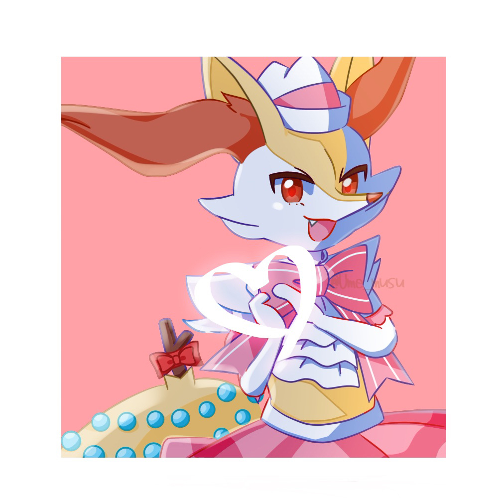 1girl animal_ear_fluff animal_ears animal_nose artist_name ascot body_fur border bow bowtie braixen clothed_pokemon commentary fang fox_ears fox_girl fox_tail furry furry_female hands_up happy hat heart heart_hands looking_at_viewer open_mouth pink_background pink_bow pink_bowtie pink_skirt pokemon pokemon_(creature) porkpie_hat red_bow red_eyes signature simple_background skirt smile snout solo standing stick tail tail_ornament twitter_username two-tone_fur ume_musubi upper_body white_ascot white_border white_fur white_headwear yellow_fur